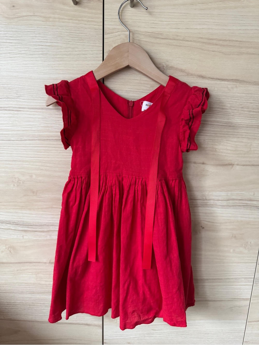 Girls' Red Ruffle Sleeve Casual Dress with Ribbon Detail